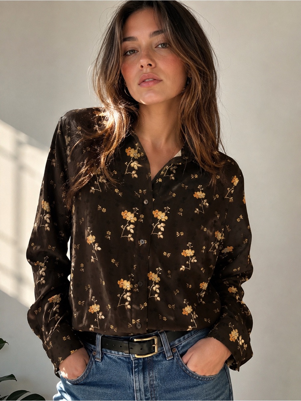 Brown Floral Button Front Blouse Cottagecore Boho 90s Soft Girl Top XL